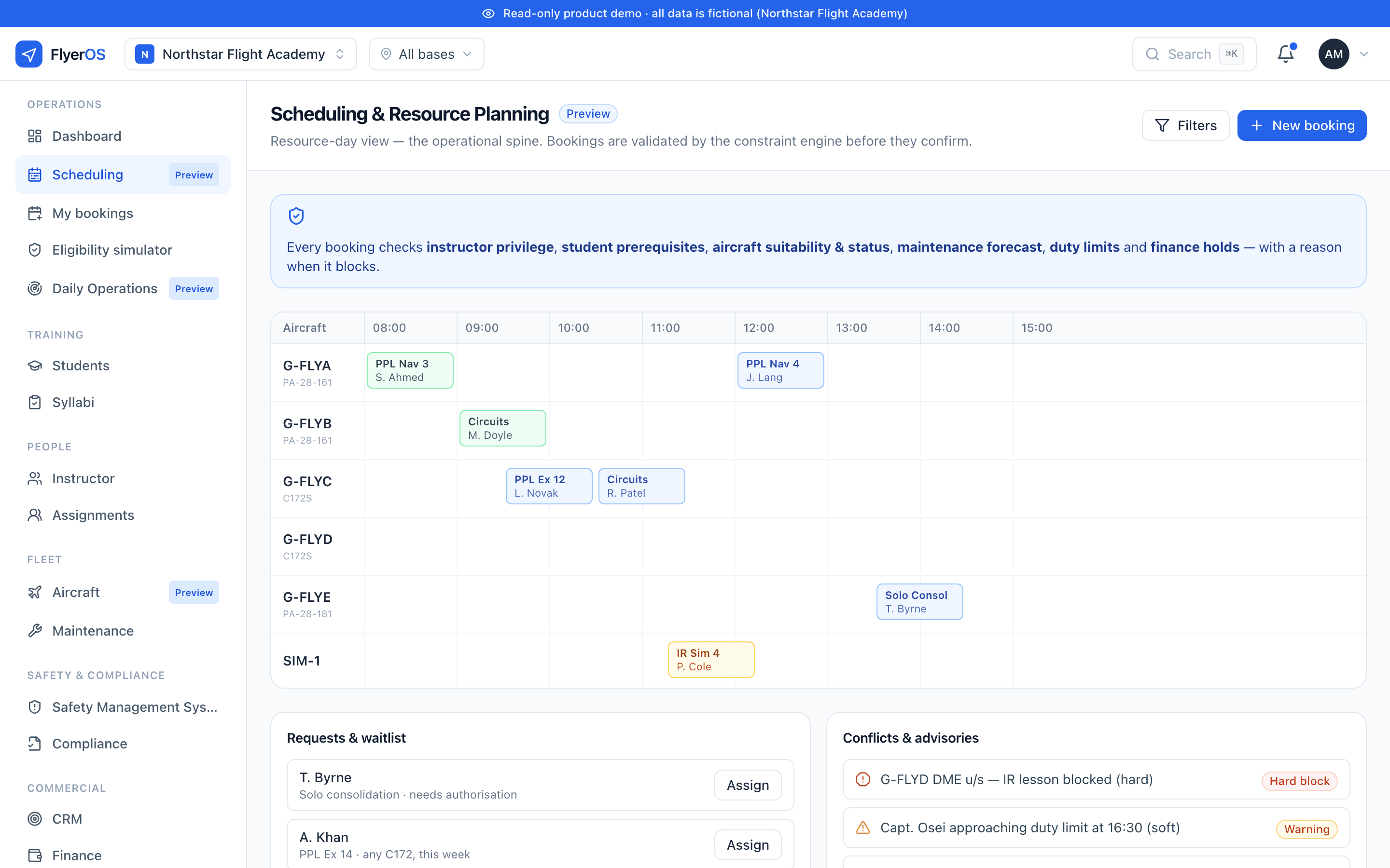 The scheduling resource-day board with aircraft rows and booking blocks, and a conflicts panel showing a hard block on an unserviceable aircraft and a duty-limit warning.